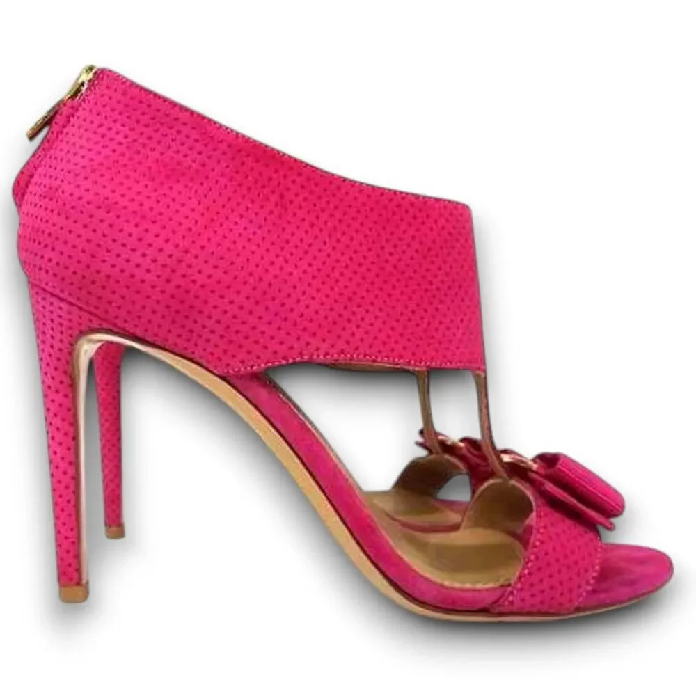 Salvatore Ferragamo Hot Pink Suede Open Toe Bow Accent Stiletto Heels Size 5.5 C